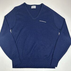 Vtg Pinnacle Mens Sweater Blue V-Neck “Case International” Acrylic Sz L USA